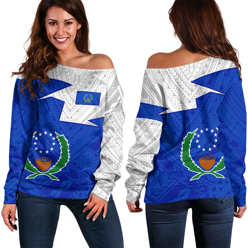 Pohnpei State Off Shoulder Sweatshirt Polynesian Tattoo Flag And Coat Of Arms