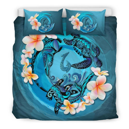 Polynesian Duvet Cover Set Polynesia Bedding Set Blue Plumeria Animal Tattoo