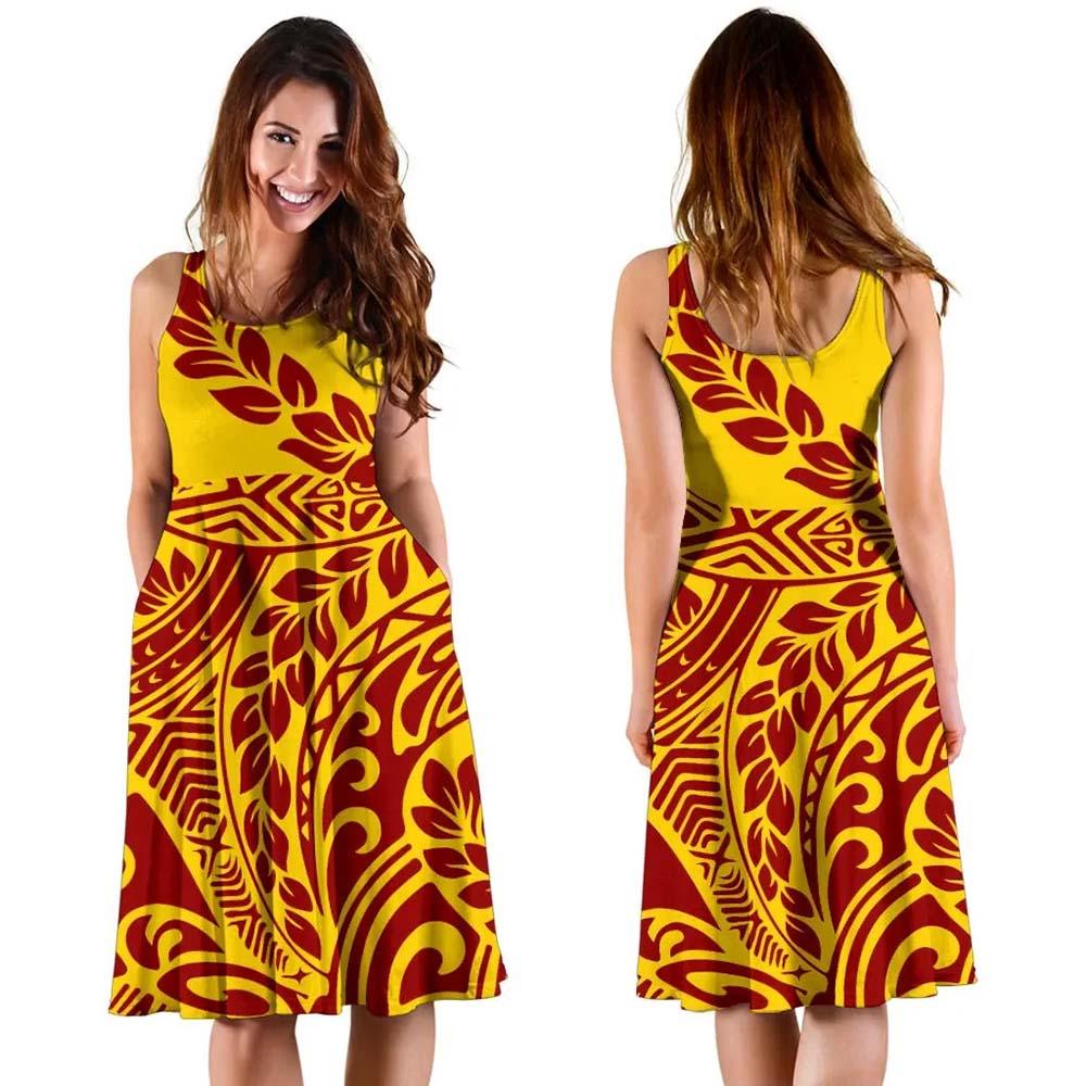 Polynesia Midi Dress - Tribal Pattern Yellow