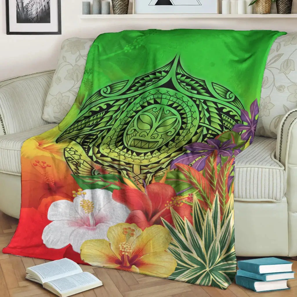 Polynesian Premium Blanket - Manta Ray Tropical Flowers (Green)