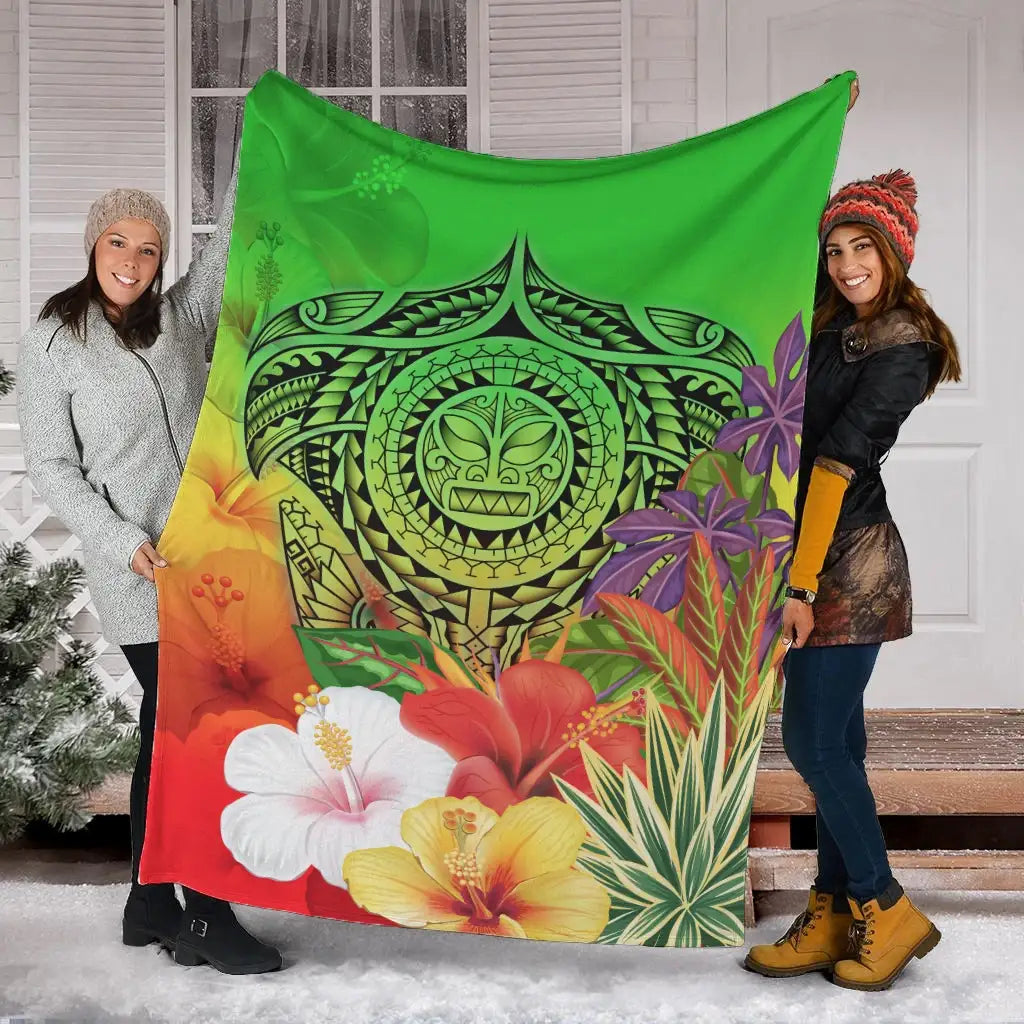Polynesian Premium Blanket - Manta Ray Tropical Flowers (Green)