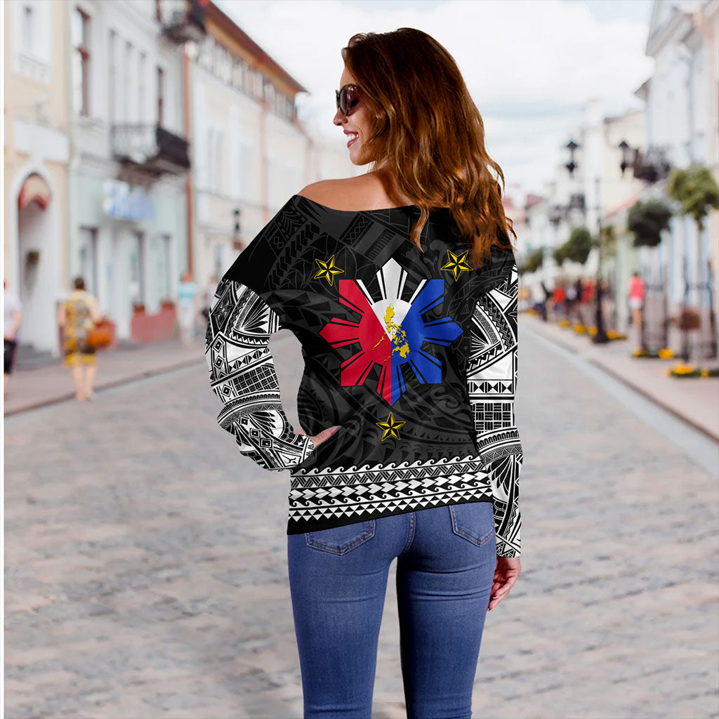 Philippines Filipinos Off Shoulder Sweatshirt Polynesian Tribal Filipinos Tattoo Sun Star With Flag