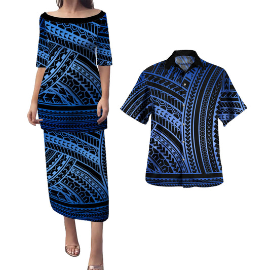 Hawaii Combo Puletasi And Shirt Polynesian Pattern Tattoo Blue