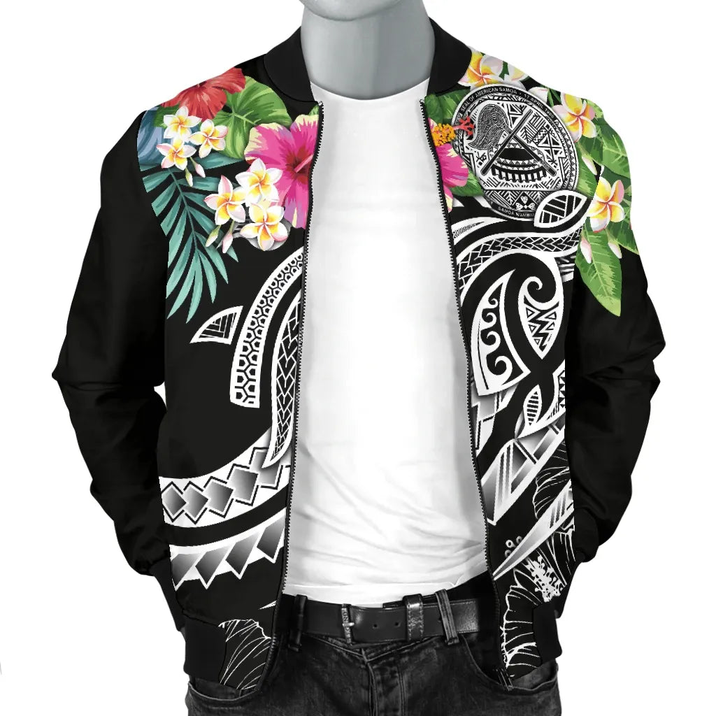 Polynesian American Samoa Bomber Jacket - Summer Plumeria (Black)