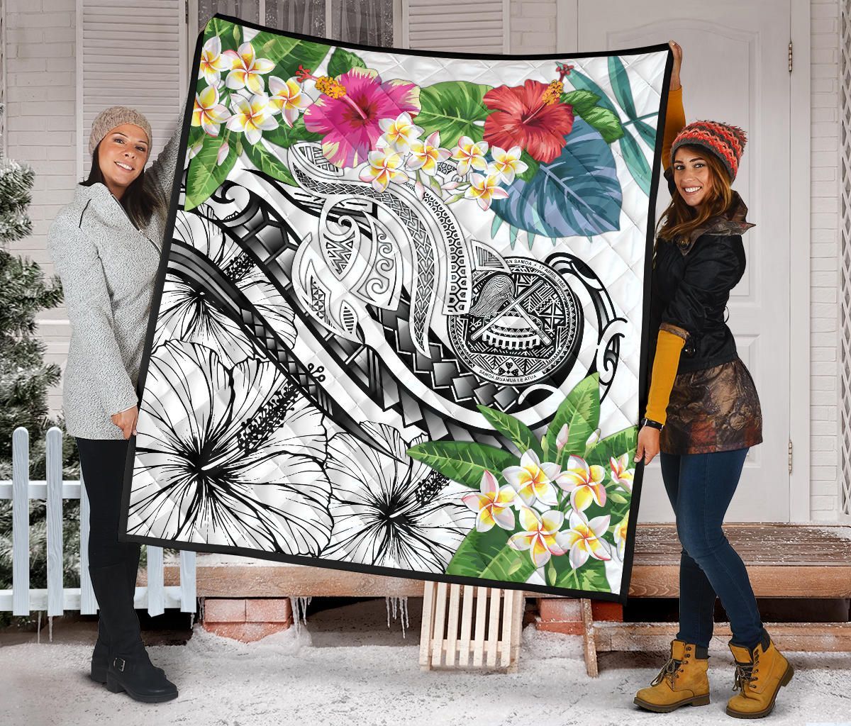 Polynesian American Samoa  Premium Quilt - Summer Plumeria (White)