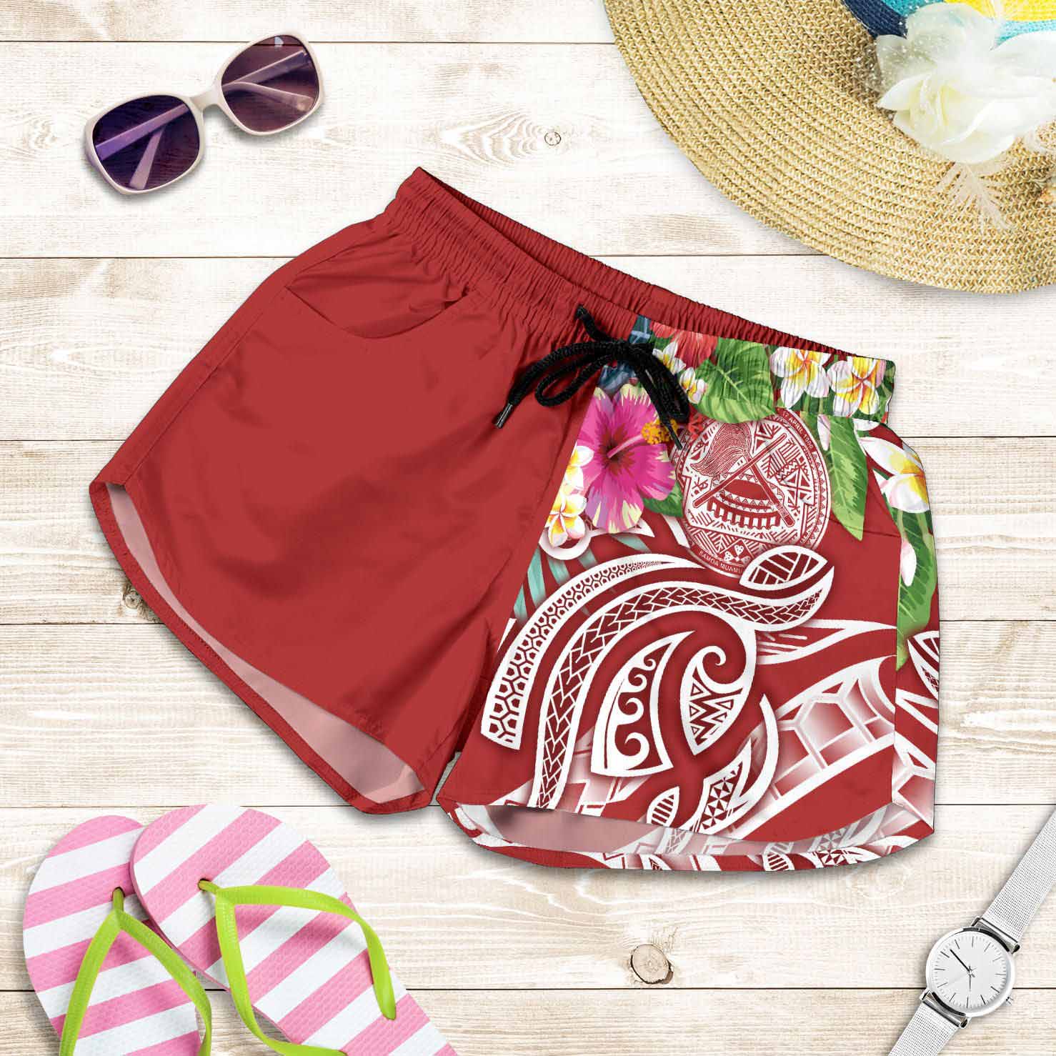 Polynesian American Samoa Women Shorts - Summer Plumeria (Red)