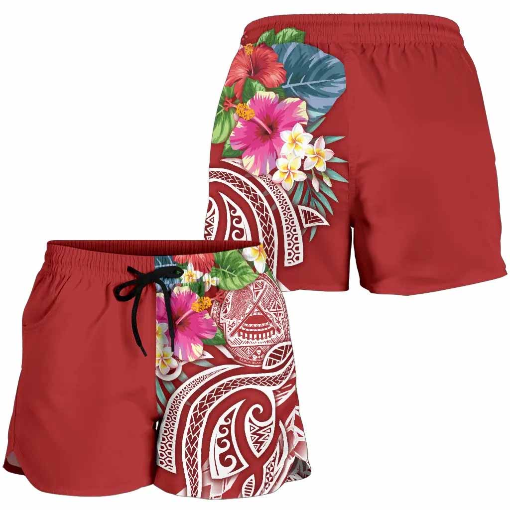 Polynesian American Samoa Women Shorts - Summer Plumeria (Red)
