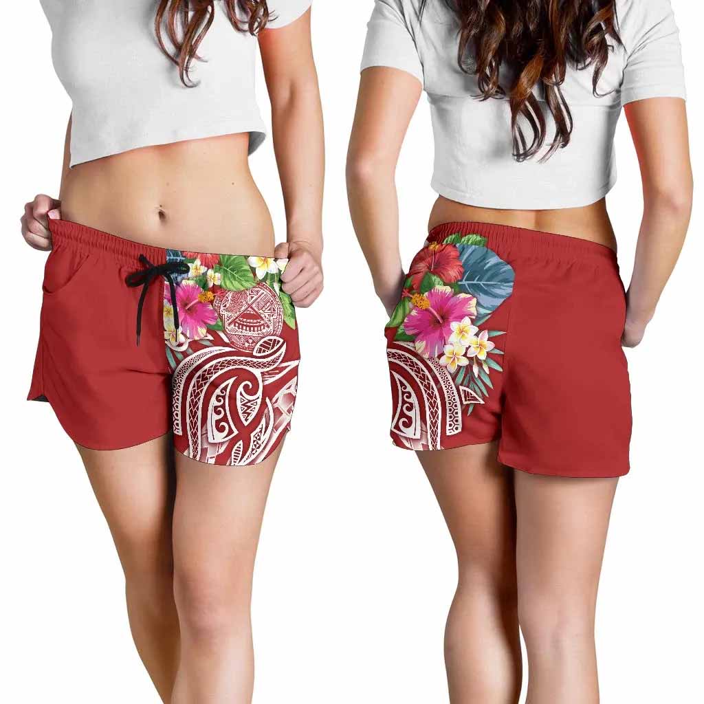 Polynesian American Samoa Women Shorts - Summer Plumeria (Red)