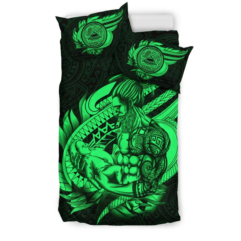 Polynesian Bedding Set - American Samoa Duvet Cover Set Father And Son Green