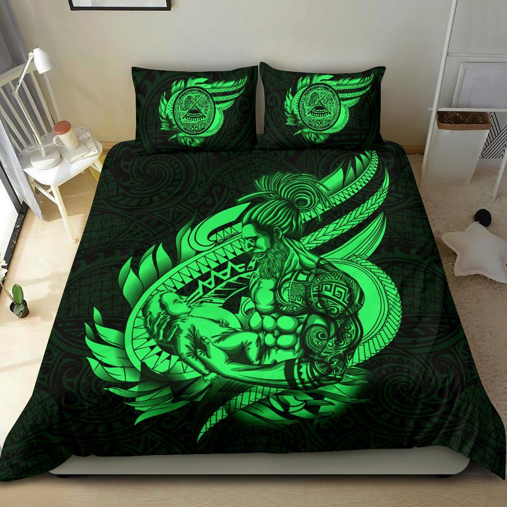 Polynesian Bedding Set - American Samoa Duvet Cover Set Father And Son Green
