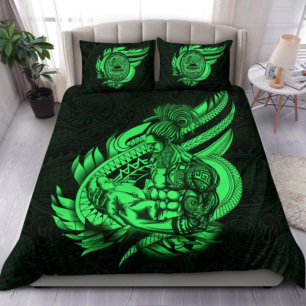Polynesian Bedding Set - American Samoa Duvet Cover Set Father And Son Green