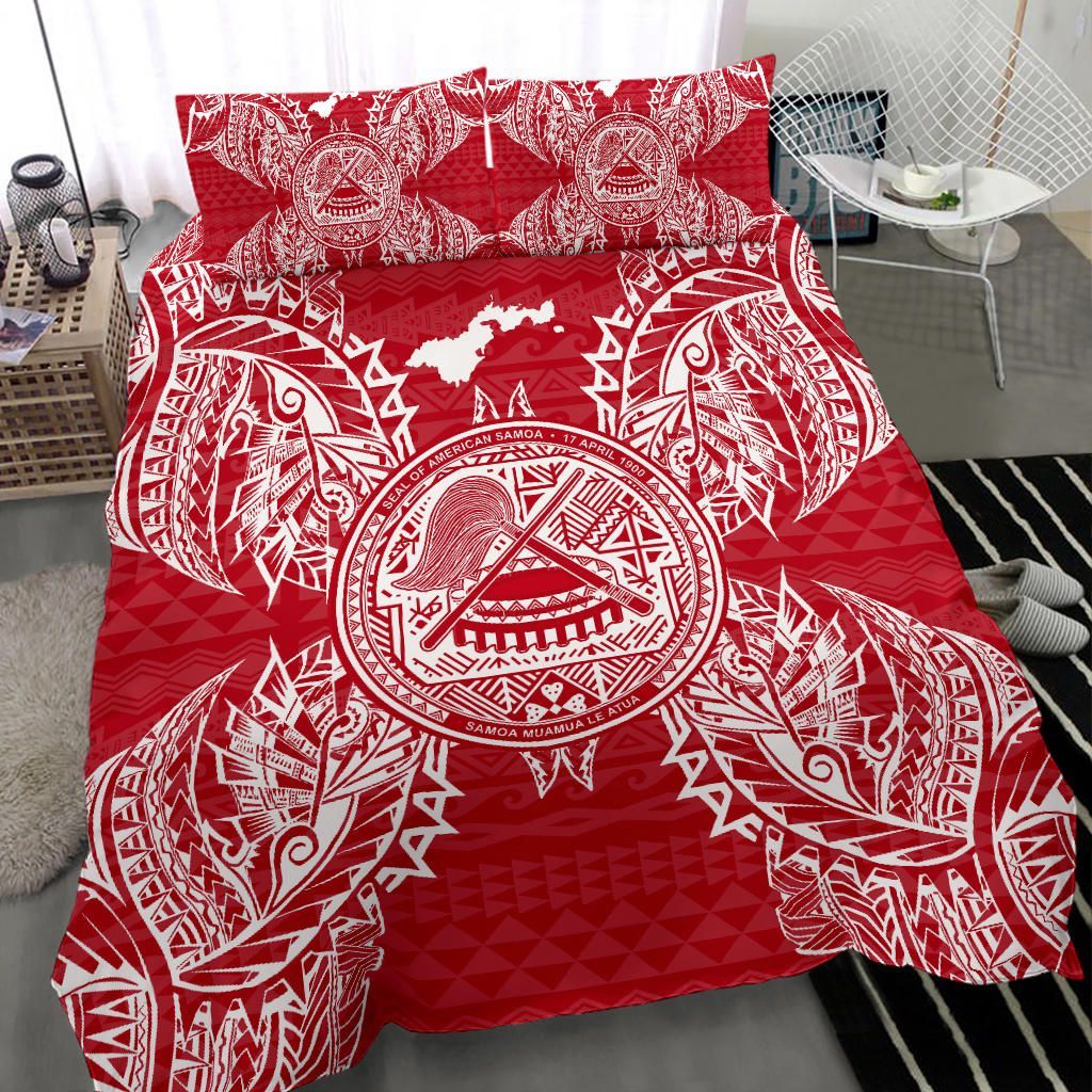 Polynesian Bedding Set - American Samoa Duvet Cover Set Map Red White