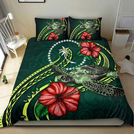 Polynesian Bedding Set - Chuuk Micronesia Duvet Cover Set Green Turtle Hibiscus
