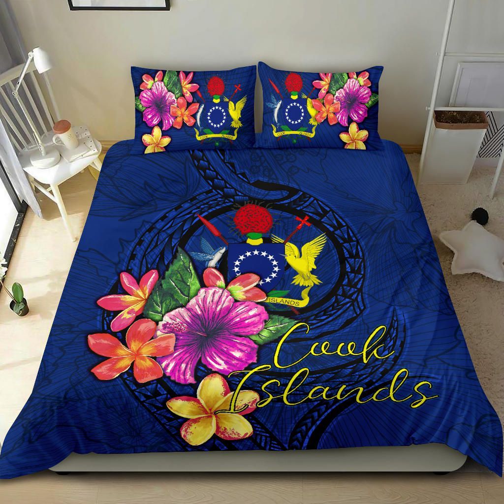 Polynesian Bedding Set - Cook Islands Duvet Cover Set Floral With Seal Blue