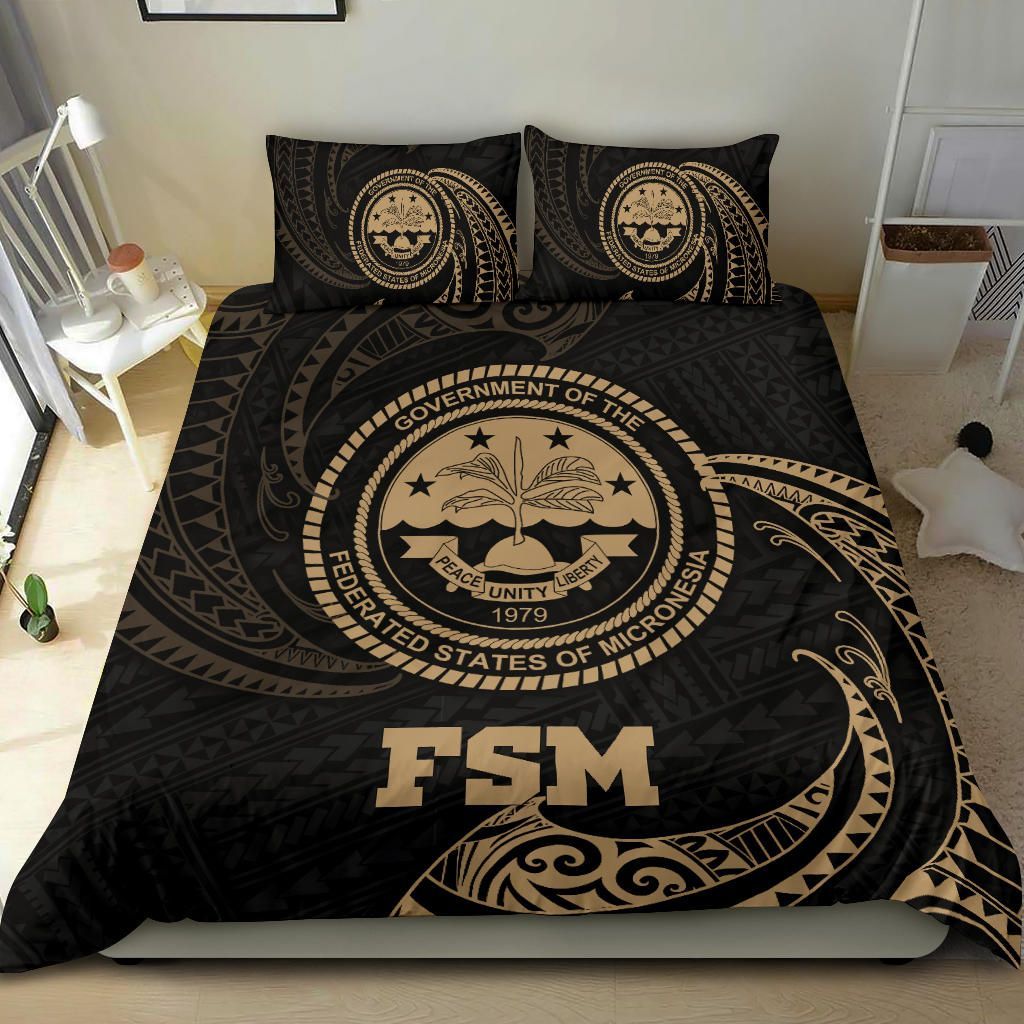 Polynesian Bedding Set - Federated States Of Micronesia Duvet Cover Set Gold Tribal Wave