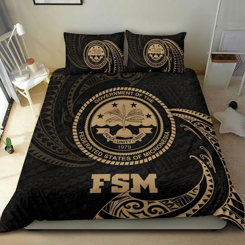 Polynesian Bedding Set - Federated States Of Micronesia Duvet Cover Set Gold Tribal Wave
