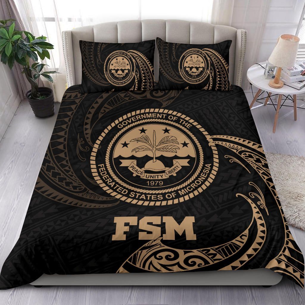 Polynesian Bedding Set - Federated States Of Micronesia Duvet Cover Set Gold Tribal Wave