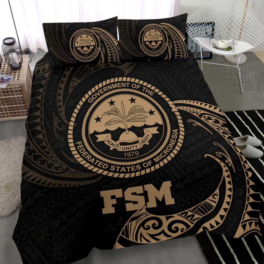 Polynesian Bedding Set - Federated States Of Micronesia Duvet Cover Set Gold Tribal Wave