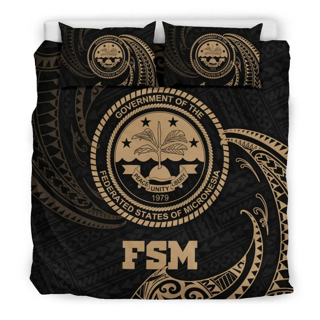 Polynesian Bedding Set - Federated States Of Micronesia Duvet Cover Set Gold Tribal Wave