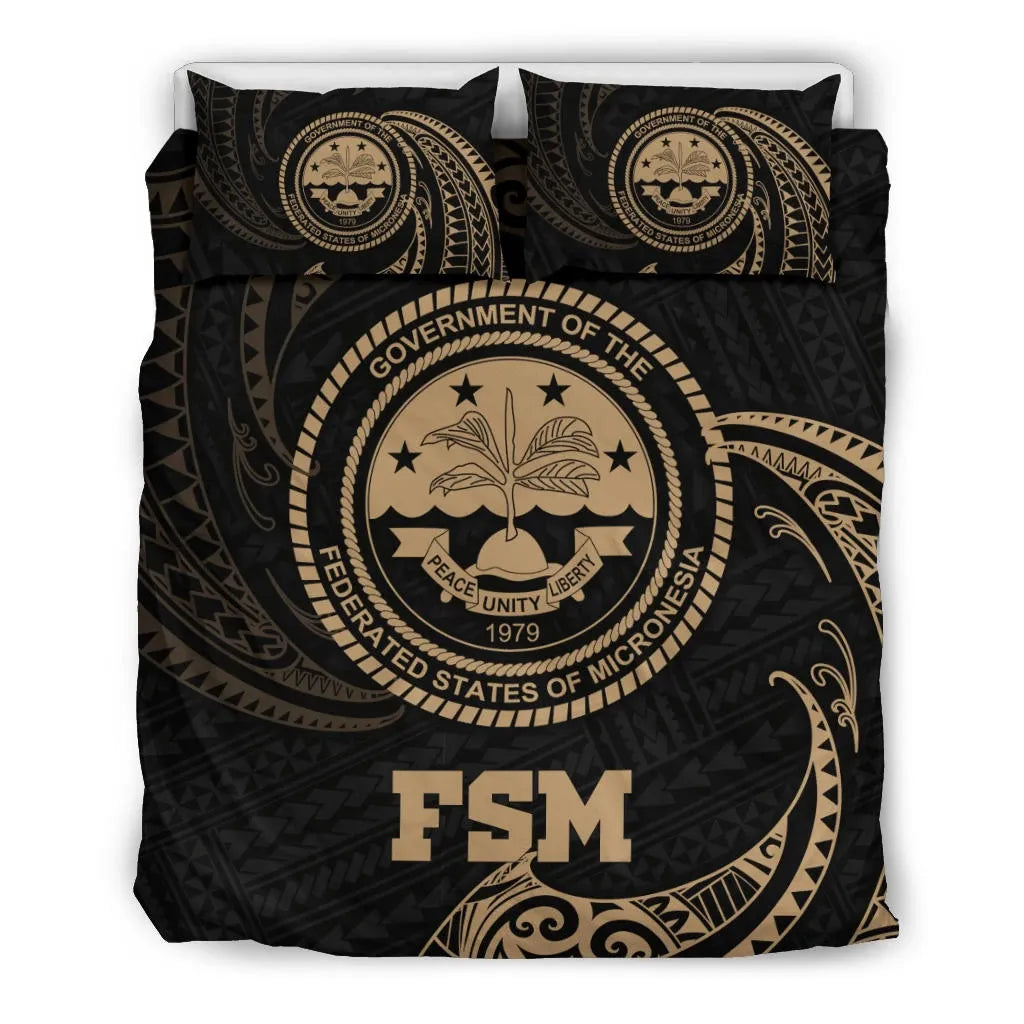 Polynesian Bedding Set - Federated States Of Micronesia Duvet Cover Set Gold Tribal Wave