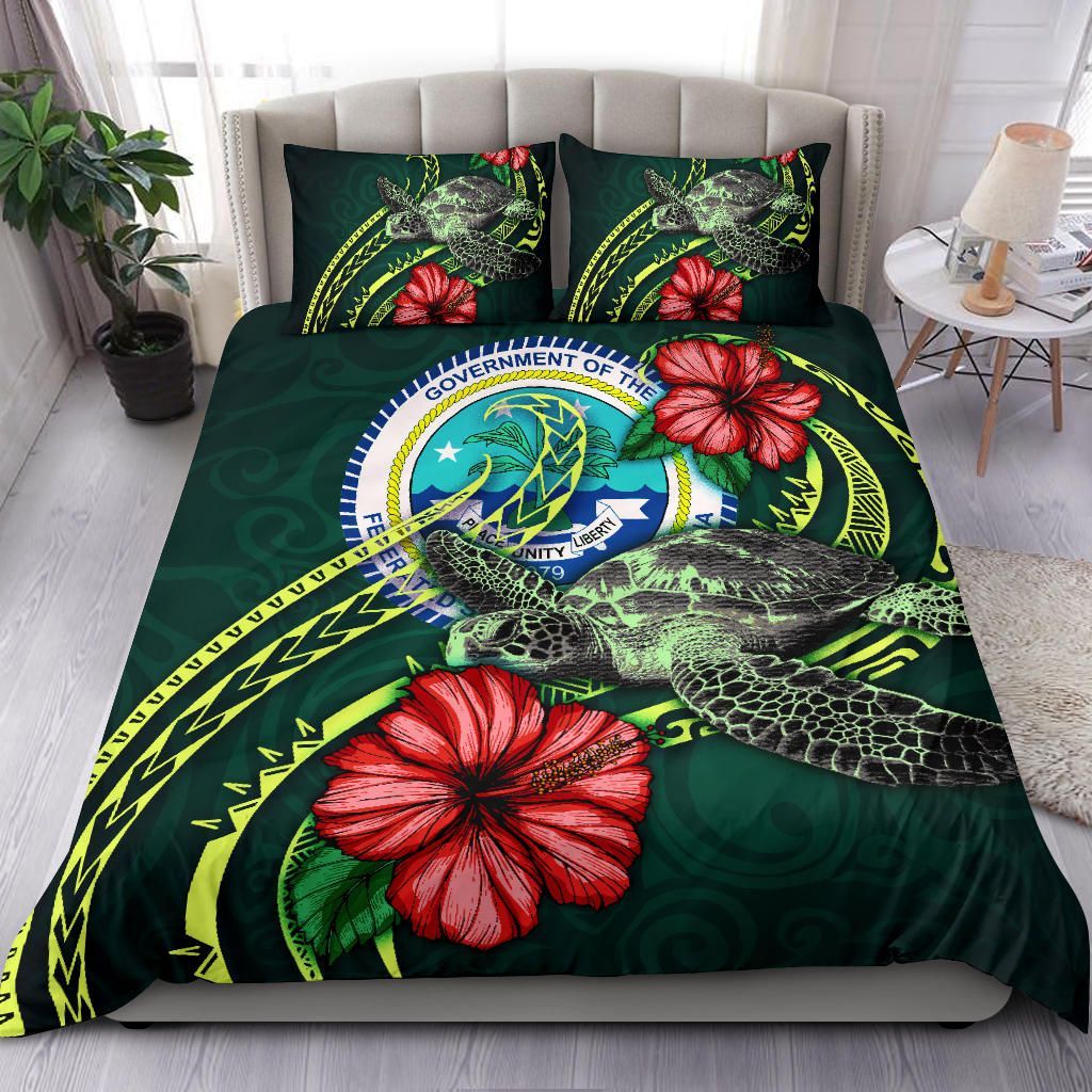 Polynesian Bedding Set - Federated States Of Micronesia Duvet Cover Set Green Turtle Hibiscus