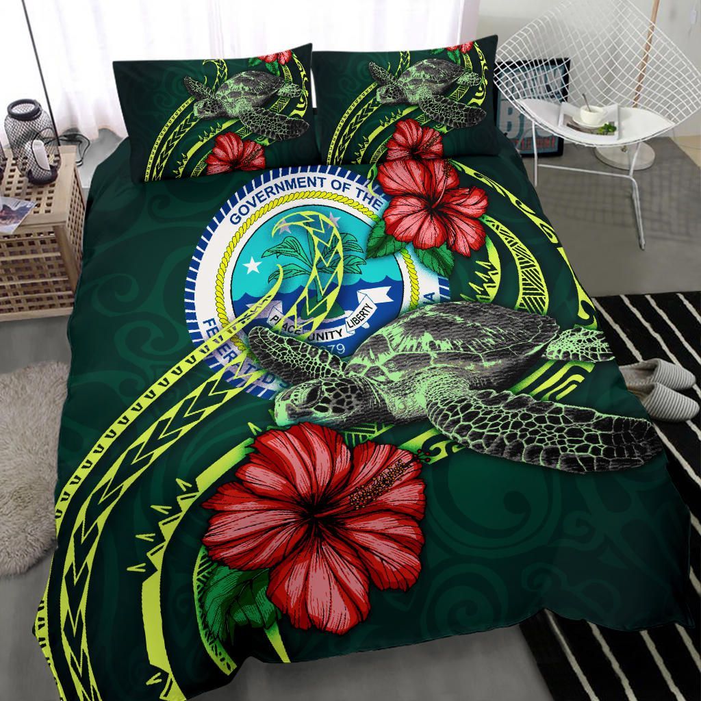 Polynesian Bedding Set - Federated States Of Micronesia Duvet Cover Set Green Turtle Hibiscus