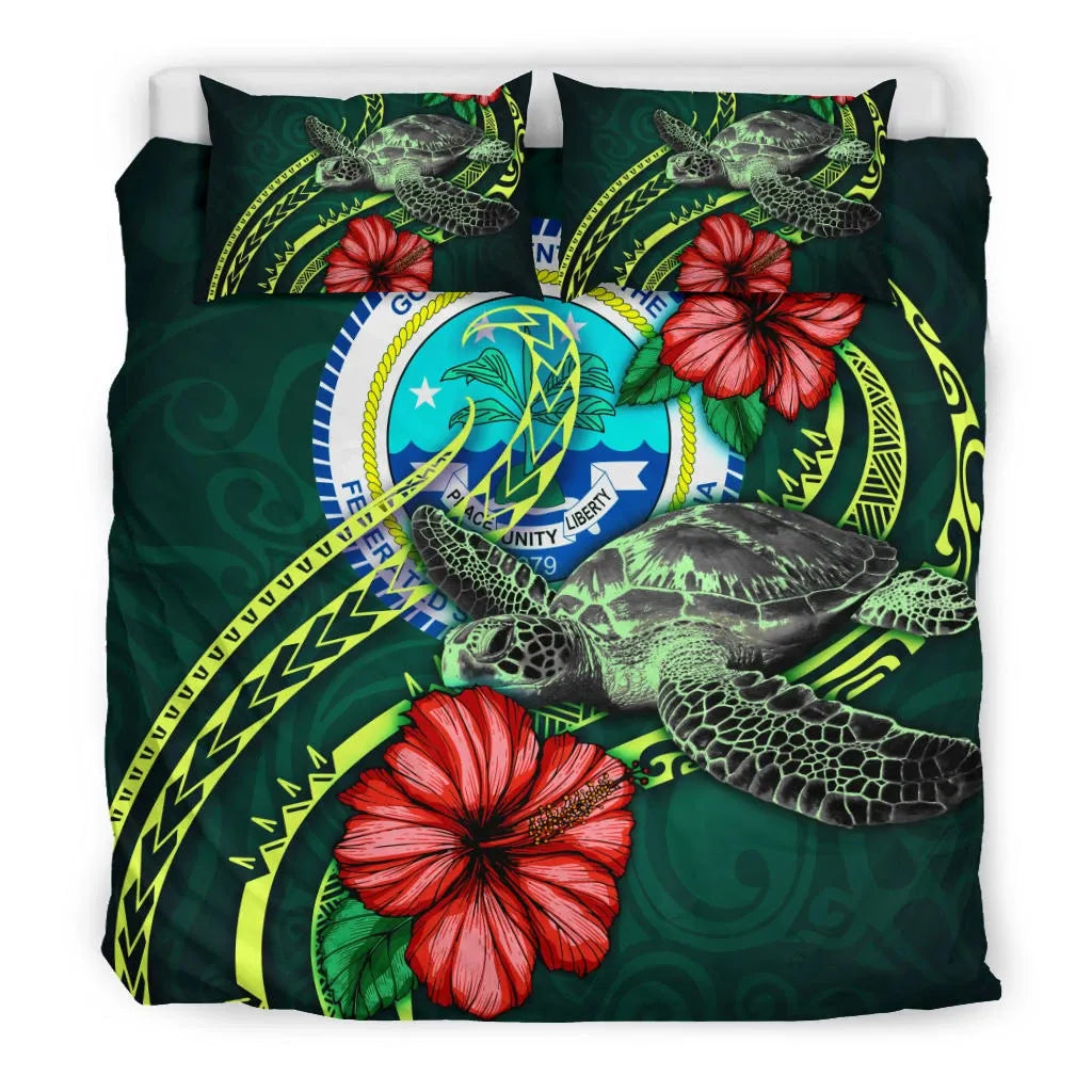 Polynesian Bedding Set - Federated States Of Micronesia Duvet Cover Set Green Turtle Hibiscus