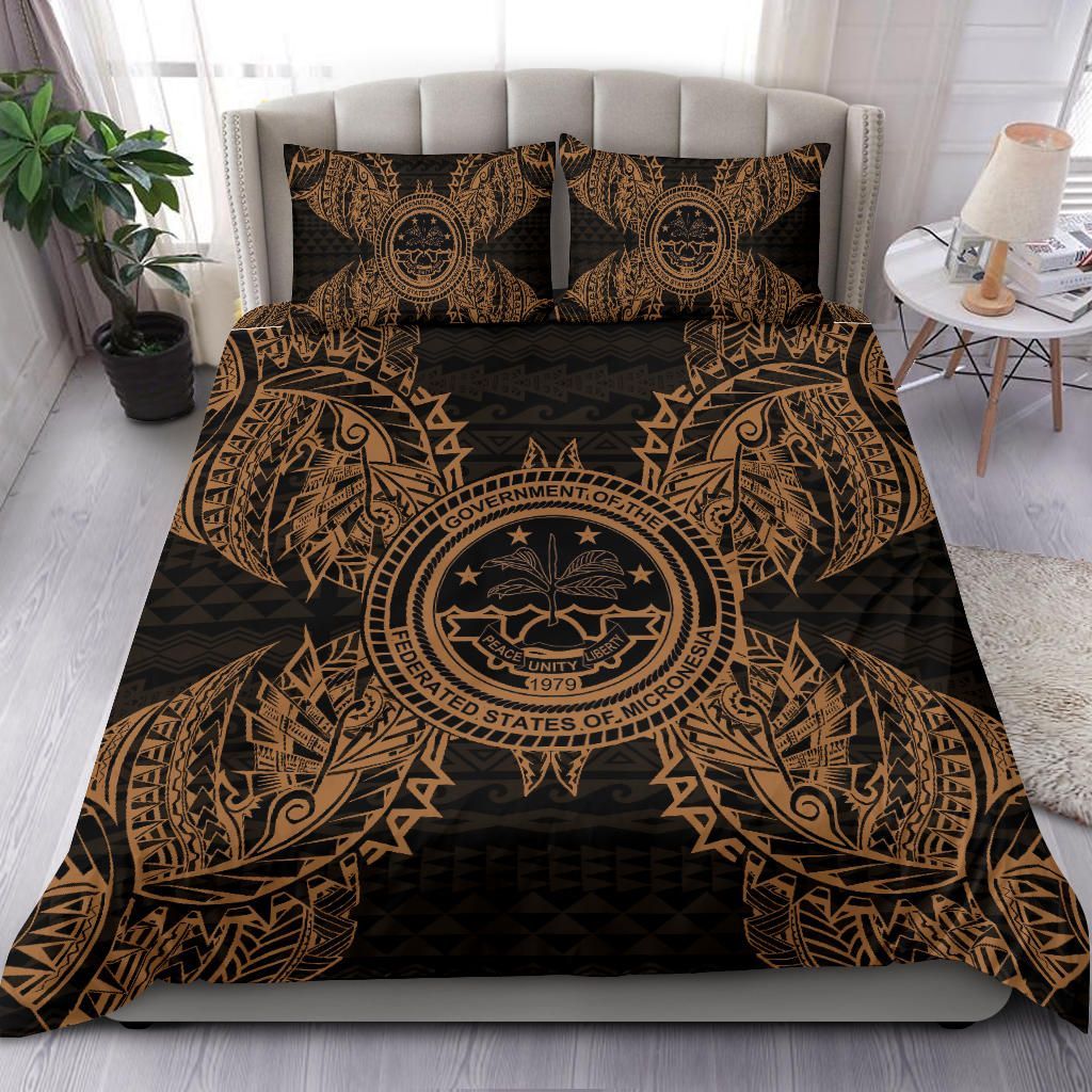 Polynesian Bedding Set - Federated States Of Micronesian Duvet Cover Set Map Gold