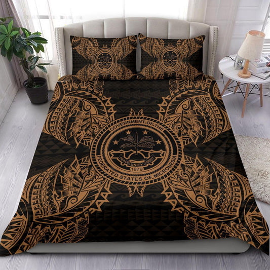 Polynesian Bedding Set - Federated States Of Micronesian Duvet Cover Set Map Gold