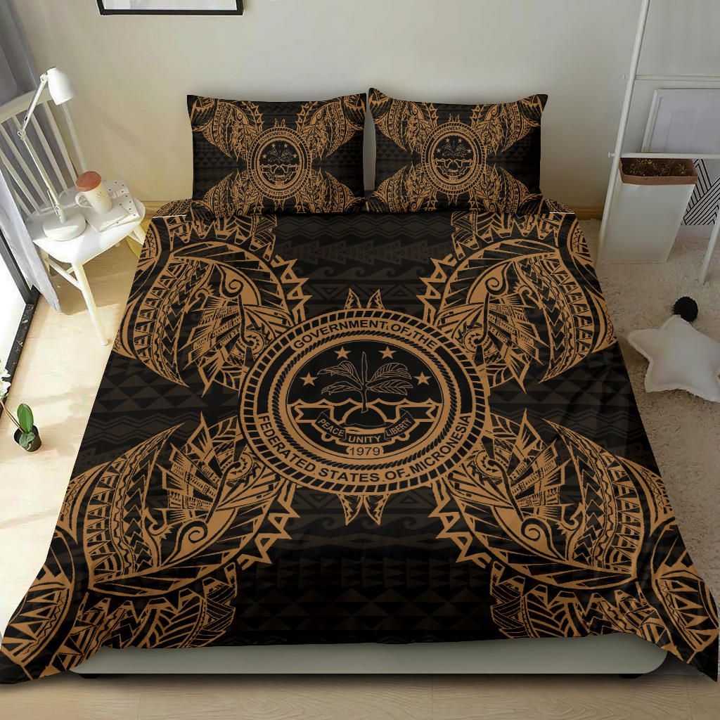 Polynesian Bedding Set - Federated States Of Micronesian Duvet Cover Set Map Gold