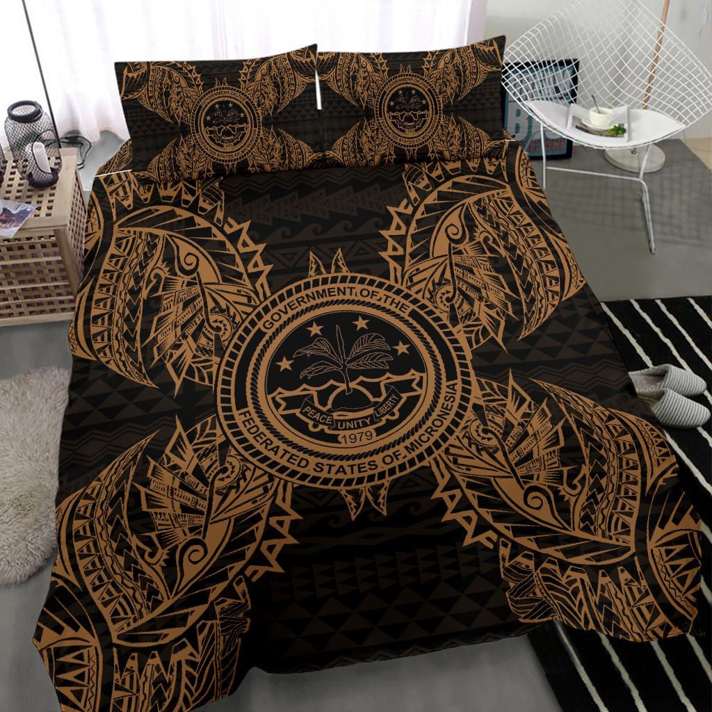 Polynesian Bedding Set - Federated States Of Micronesian Duvet Cover Set Map Gold