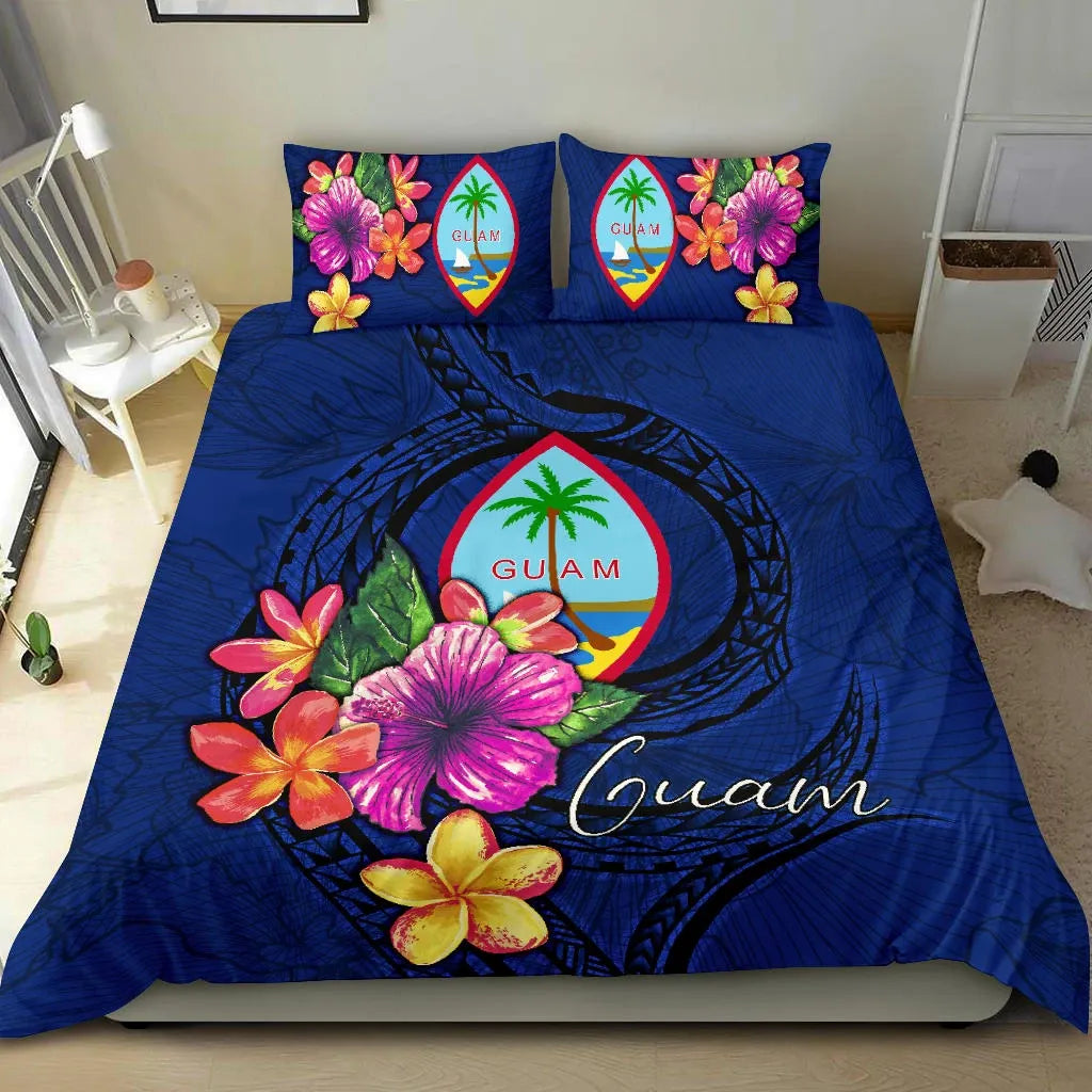 Polynesian Bedding Set - Guam Duvet Cover Set Floral With Seal Blue