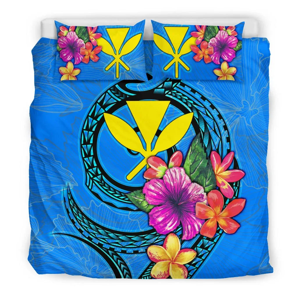 Polynesian Bedding Set - Hawaii Duvet Cover Set Floral With Seal Neon Blue