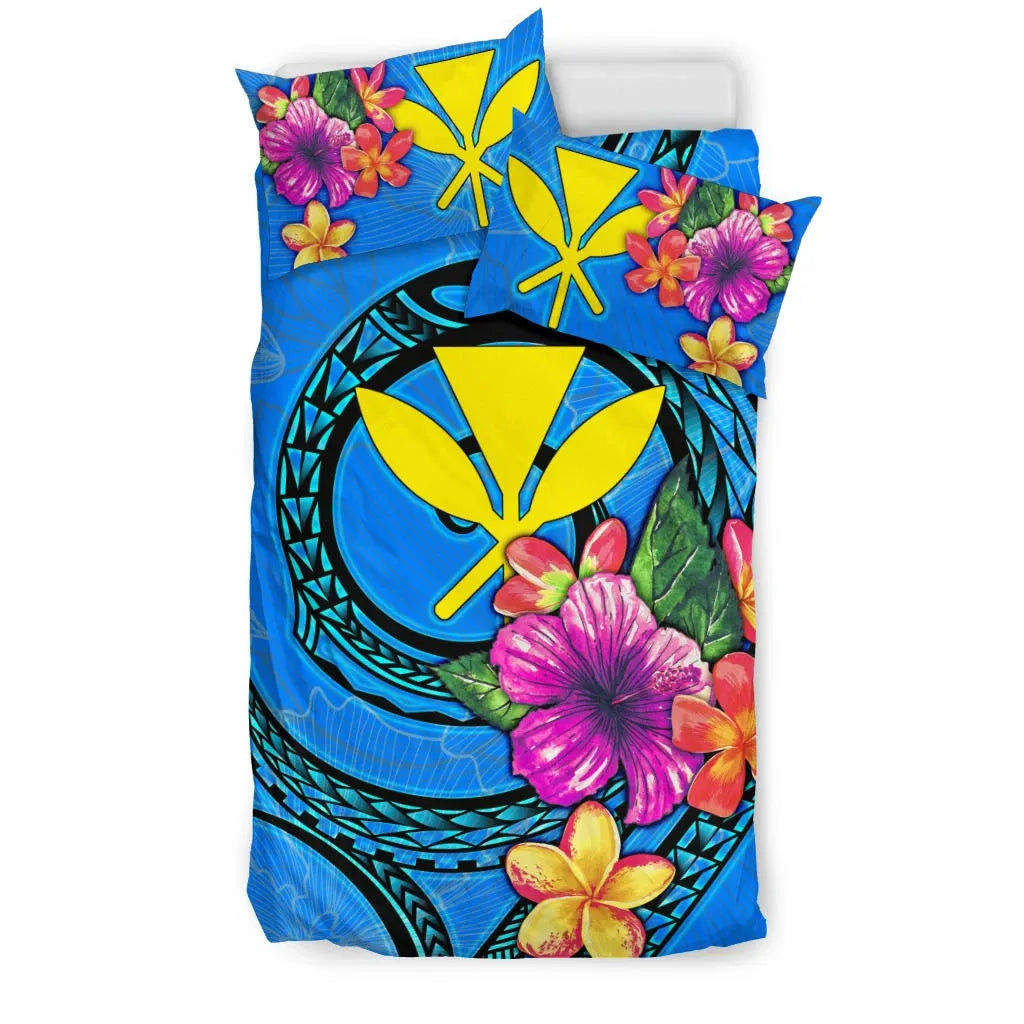 Polynesian Bedding Set - Hawaii Duvet Cover Set Floral With Seal Neon Blue