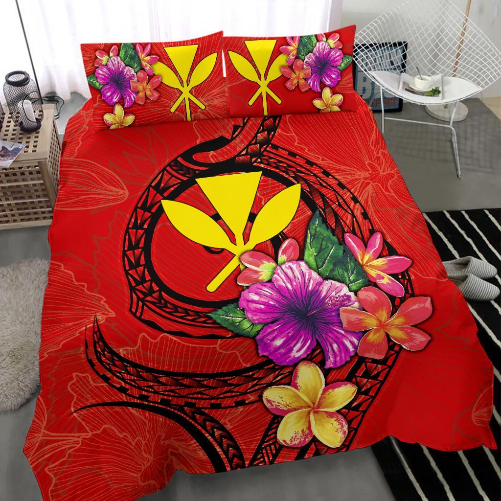 Polynesian Bedding Set - Hawaii Duvet Cover Set Floral With Seal Red