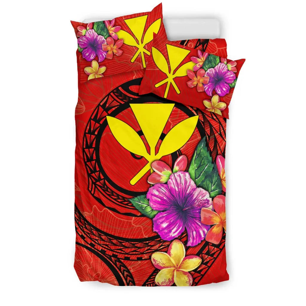 Polynesian Bedding Set - Hawaii Duvet Cover Set Floral With Seal Red