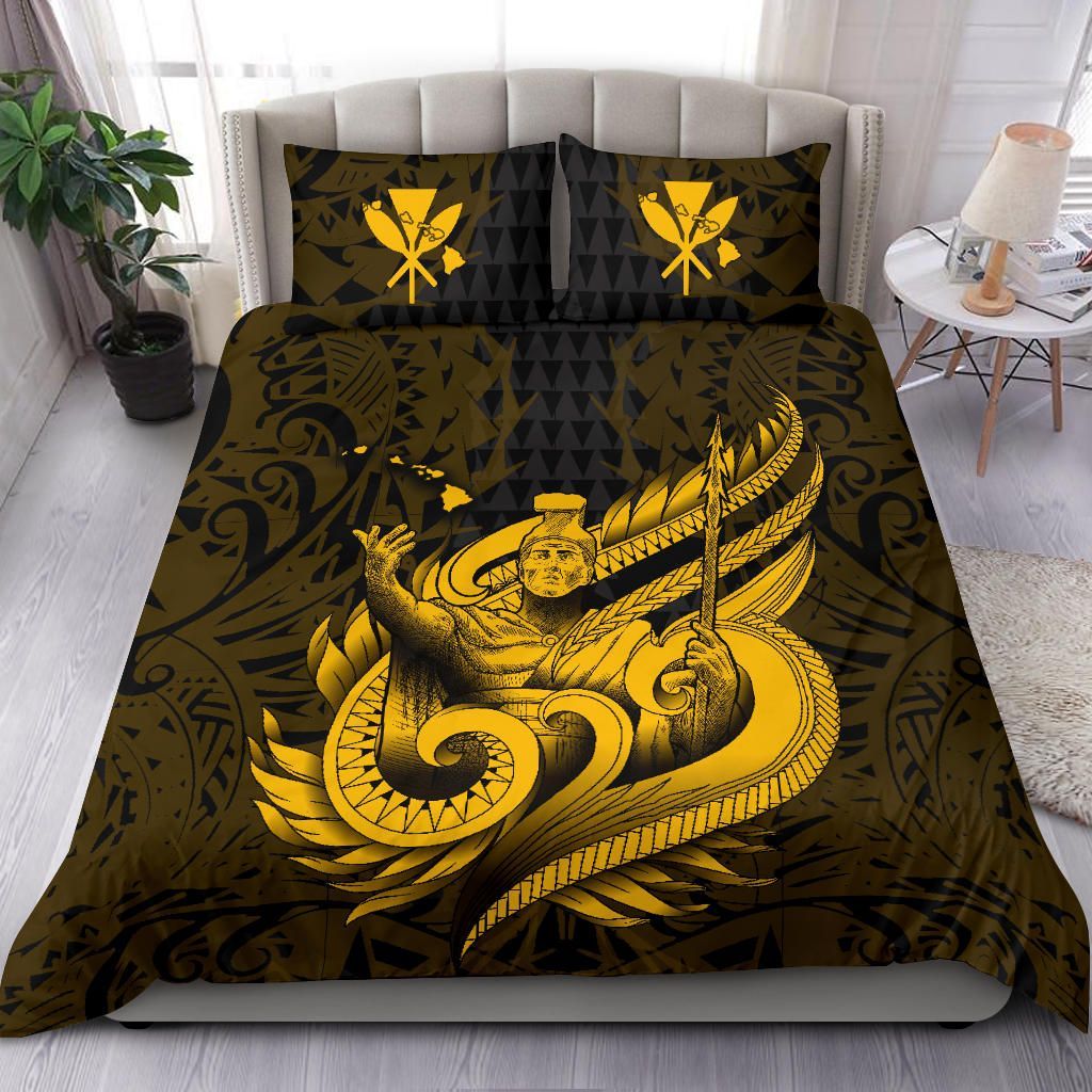 Polynesian Bedding Set - Hawaii Duvet Cover Set Kamehameha King Gold Color