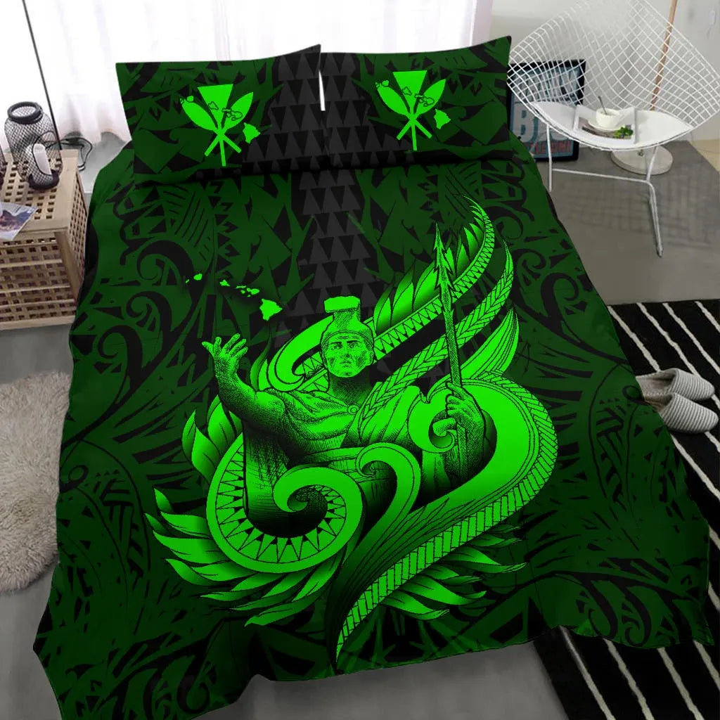 Polynesian Bedding Set - Hawaii Duvet Cover Set Kamehameha King Green Color