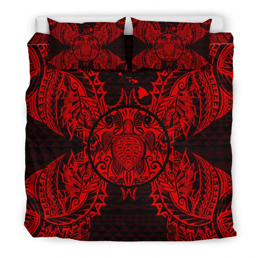 Polynesian Bedding Set - Hawaii Turtle Duvet Cover Set Map Red