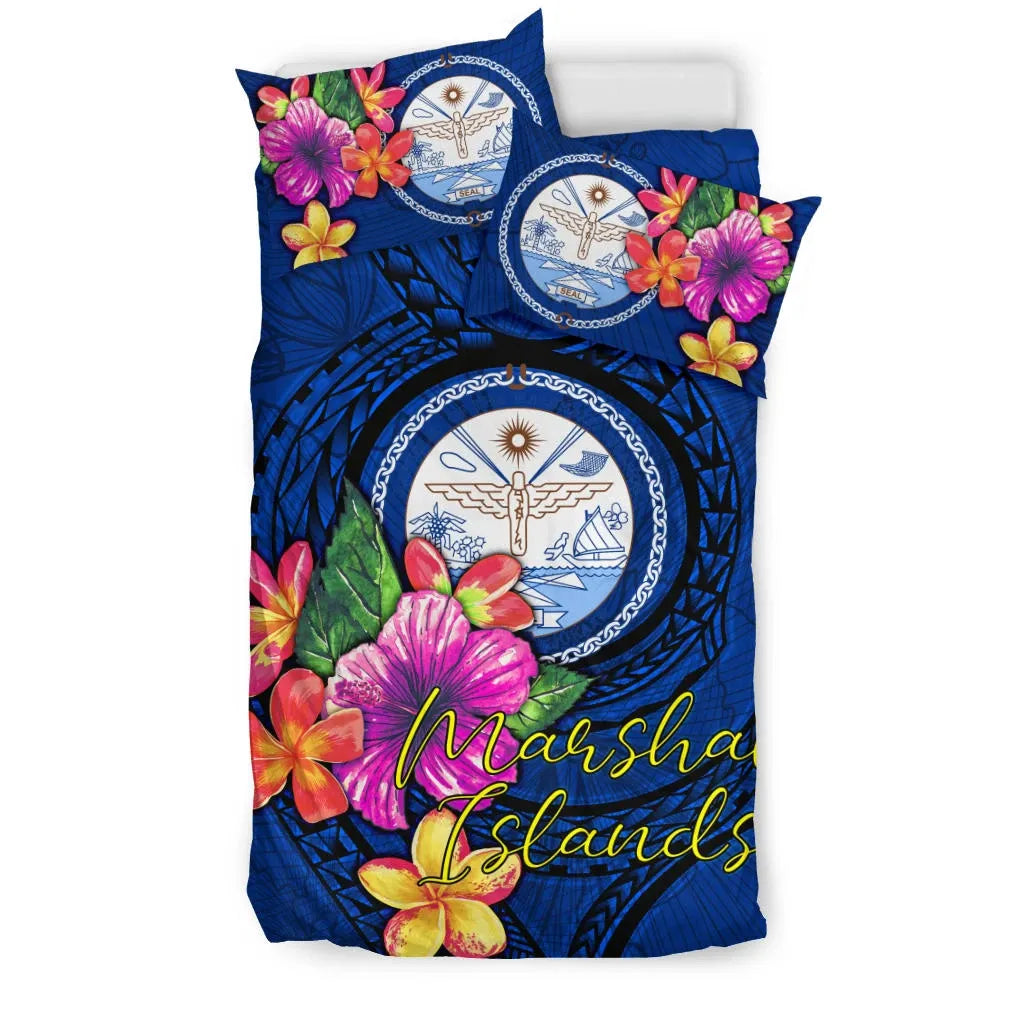 Polynesian Bedding Set - Marshall Islands Duvet Cover Set Floral With Seal Blue