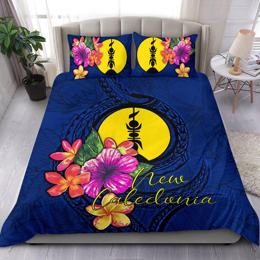 Polynesian Bedding Set - New Caledonia Duvet Cover Set Floral With Seal Blue