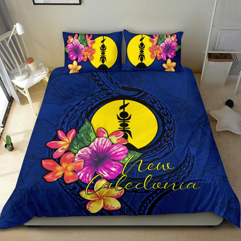 Polynesian Bedding Set - New Caledonia Duvet Cover Set Floral With Seal Blue