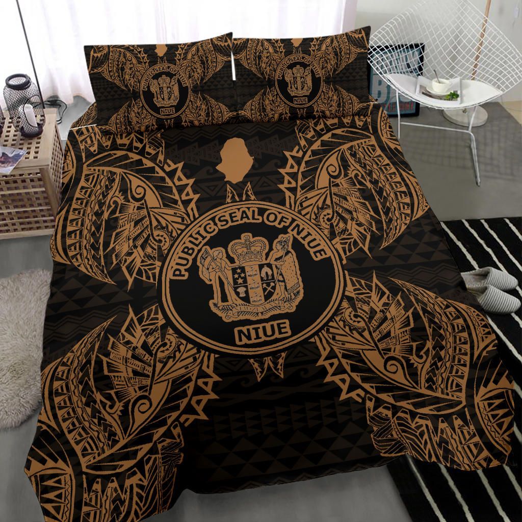 Polynesian Bedding Set - Niue Duvet Cover Set Map Gold