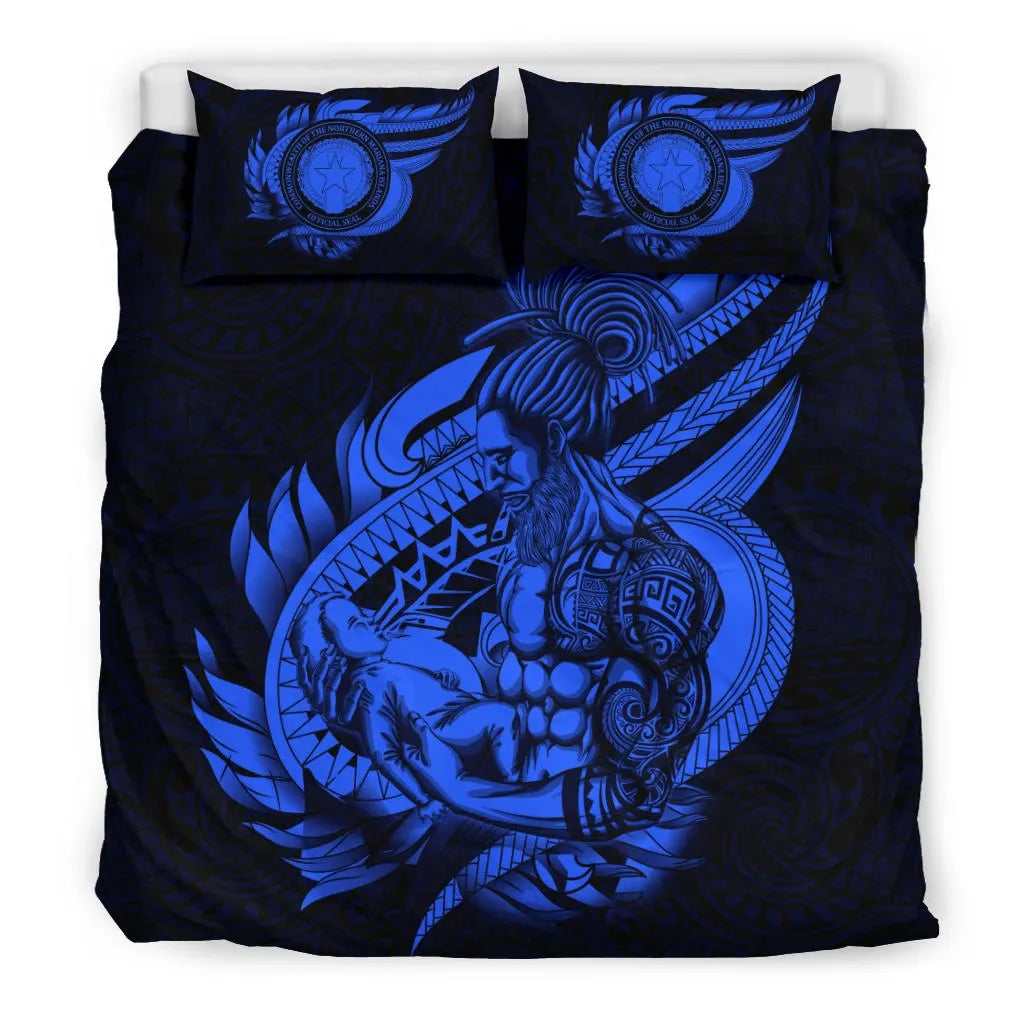 Polynesian Bedding Set - Northern Mariana Islands Duvet Cover Set Father And Son Blue
