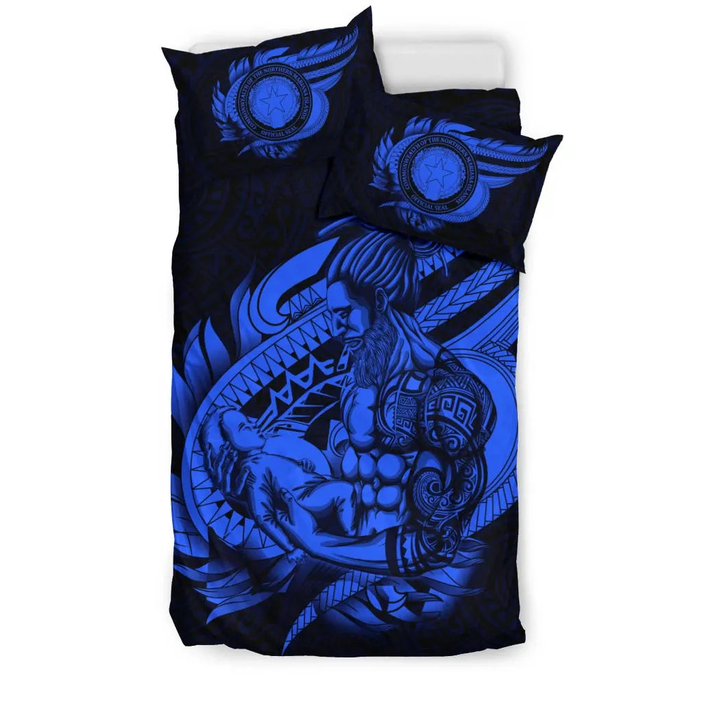 Polynesian Bedding Set - Northern Mariana Islands Duvet Cover Set Father And Son Blue