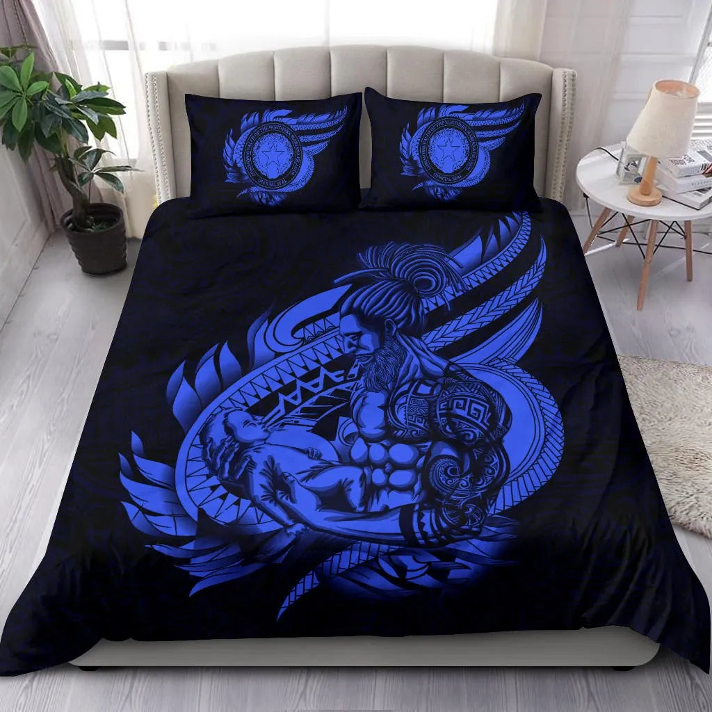 Polynesian Bedding Set - Northern Mariana Islands Duvet Cover Set Father And Son Blue