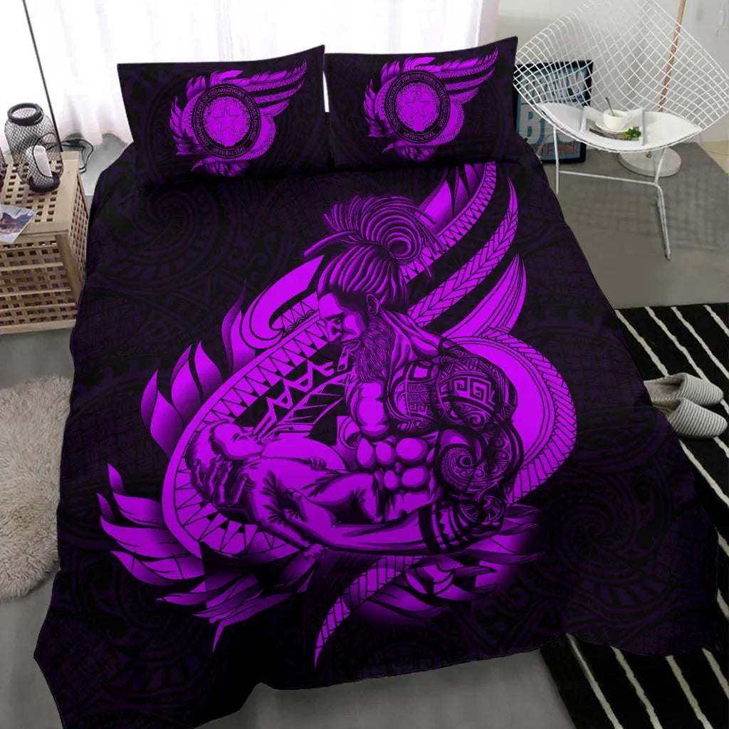 Polynesian Bedding Set - Northern Mariana Islands Duvet Cover Set Father And Son Purple