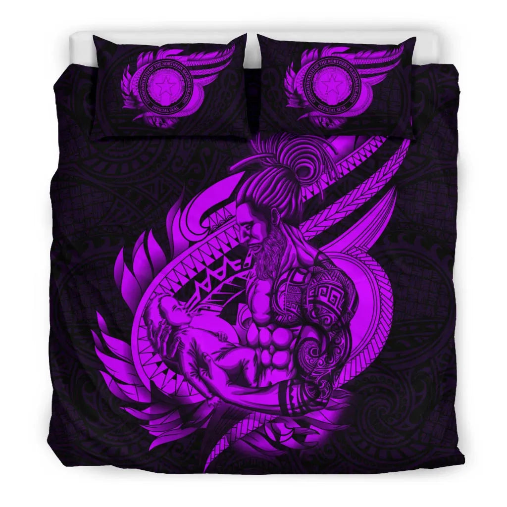 Polynesian Bedding Set - Northern Mariana Islands Duvet Cover Set Father And Son Purple