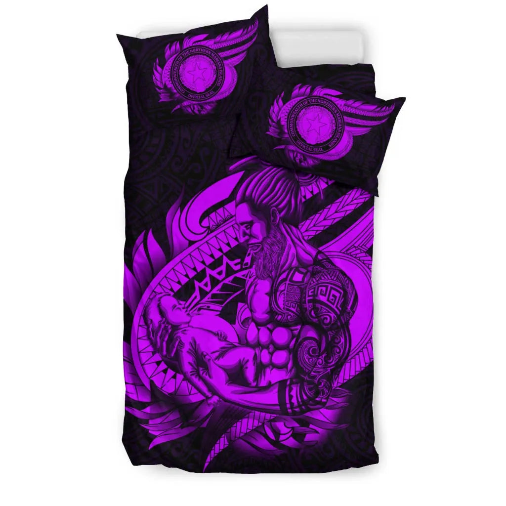 Polynesian Bedding Set - Northern Mariana Islands Duvet Cover Set Father And Son Purple