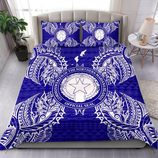 Polynesian Bedding Set - Northern Mariana Islands Duvet Cover Set Map Blue